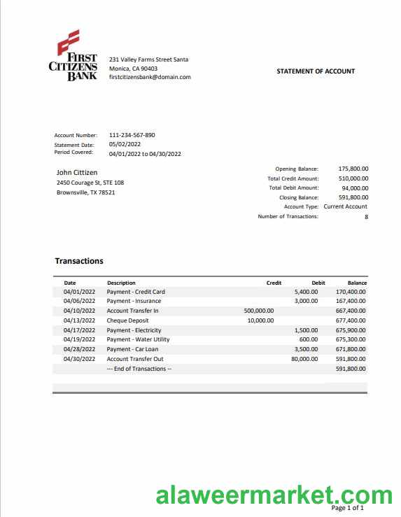 USA Texas First Citizens bank statement Word and PDF template